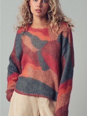 Womens Multicolor Abstract Pattern Crewneck Sweater